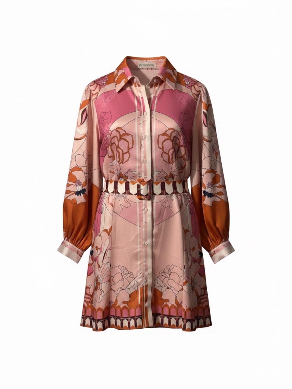 Retro Mod Pink Floral Belted Shirt Dress Large